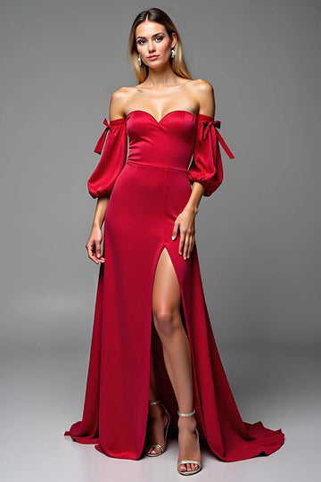 Red Satin Sweetheart Sheath Puff Sleeves Long Formal Dress with Slit